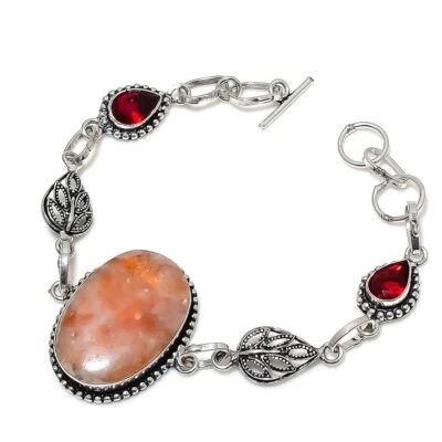 Sunstone Handmade Gemstone 925 Sterling Silver Jewelry Bracelet 7-8" R121 - Image 1 of 4