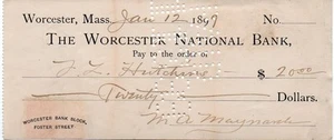 Old 1899 Check - Worcester National Bank - Massachusetts - Picture 1 of 1
