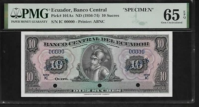 Ecuador SPECIMEN 10 Sucres 1954 PMG 65 EPQ UNC P # 101As - Image 1 of 4