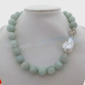 Huge Natural 14MM Amazonite Round Gems White Keshi Baroque Pearl Necklace 18'' - Picture 1 of 6