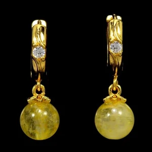 NATURAL AAA RUTILATED QUARTZ ROUND & WHITE CZ BRASS YELLOW GOLD PLATED EARRING - Picture 1 of 6