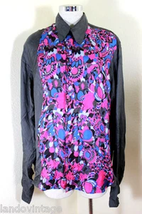 Vintage VALENTINO Black Pink Blue 43 / 17 Silk Longsleeve Shirt Top Blouse M L  - Picture 1 of 1