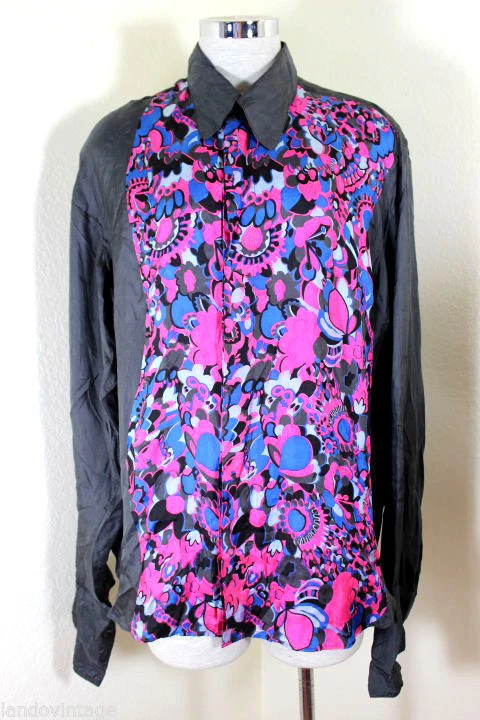 Vintage VALENTINO Black Pink Blue 43 / 17 Silk Longsleeve Shirt Top Blouse M L  - Image 1 of 1