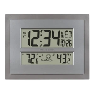 512-85937-INT Atomic Digital Wall Clock with Temperature & Forecast in Gray/S... - Picture 1 of 7