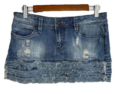 Vintage Y2K Dollhouse Micro Mini Fringe Denim Skirt Size 7 - Image 1 of 4