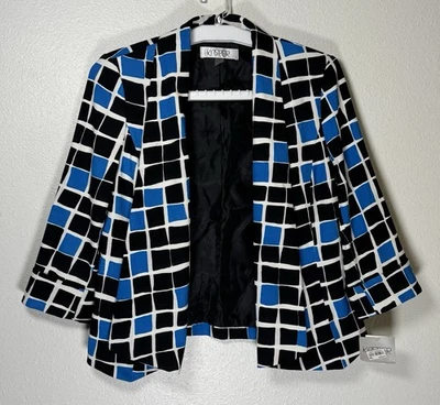 Blazer KASPER Mujer Frente Abierto Talla 6 Multicolor Azul Negro Cuadrados Surf Multi Foto 1 de 4