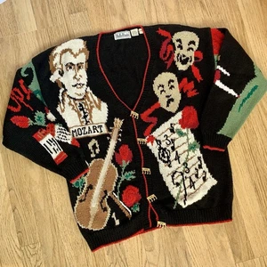 Belle Pointe Size L Hand Knit Music Cardigan Maximalist Music Drama Mozart - Picture 1 of 8