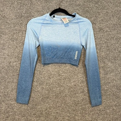 Gymshark 衬衫女式小号蓝色Ombre无缝长袖作物上衣健身房瑜伽 — 第 1/4 张图片
