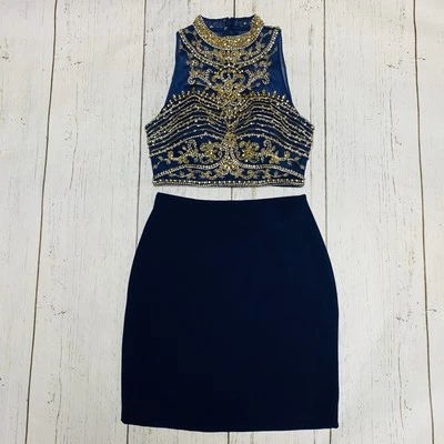 Conjunto de Vestido de Regreso a Casa de Dos Piezas Alyce Paris Azul Marino Talla 2 Cristales Foto 1 de 4