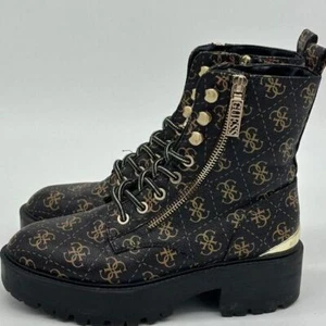Guess Boots Womens 6M Black Gold Platform Gothic Leather Y2K Lace Up Zip - Picture 1 of 10