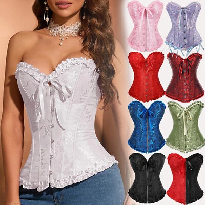 Sexy Womens Overbust Boned Corset Burlesque Basque Top Lace-Up Costume Size 6-24 - Image 1 of 4