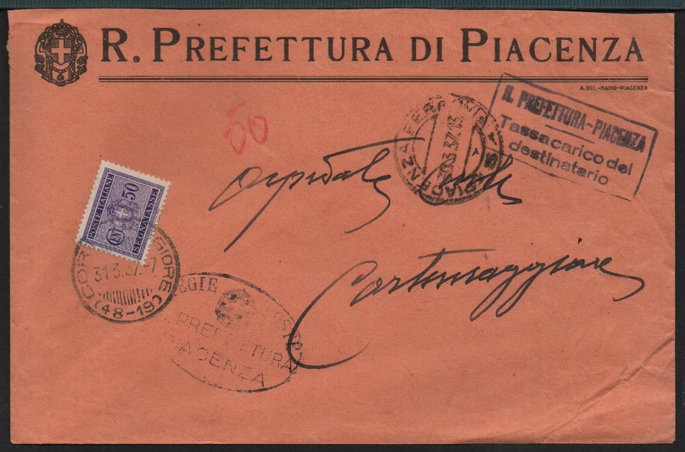 ✔️ ITALY ITALIA REGNO NICE COVER PREFETTURA DI PIACENZA SEGNATASSE - Image 1 of 1