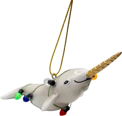 DECEMBER PETS Narwhal Unicorn Whale Wrapped in Lights Christmas Tree Ornament