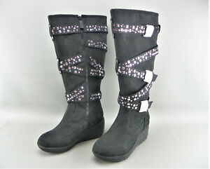 New HSN Joan Boyce Black Leather Studded Rubber Wedge Calf High Boots Size 8 1/2