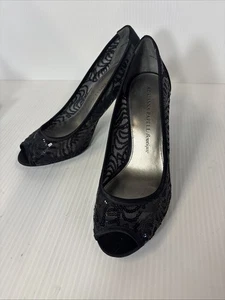 Adrianna Papell Boutique Black Peep Toe High Heeled  Sequin Dress Pumps Size 7.5 - Picture 1 of 9