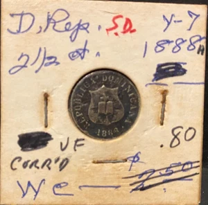 DOMINICAN REPUBLIC, 1888, 2 1/2 Cent, Y-7, silver, circulated, - Picture 1 of 4