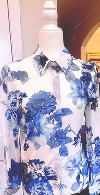 Alice  + Olivia Gorgeous Willa Blue Affection Floral Silk Shirt Size Large  NWT - Image 1 of 4