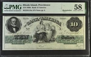 1860's $10 Rhode Island Providence Bank Of America Remainder PMG AU58 - Picture 1 of 2