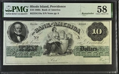 1860's $10 Rhode Island Providence Bank Of America Remainder PMG AU58 - Image 1 of 2