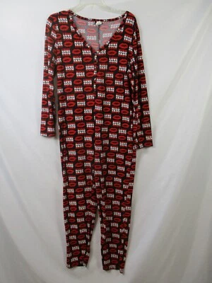 Kiss Lips Union Suit Pajamas Womens XL Love Black Long Sleeve V Neck One Pc - Image 1 of 4