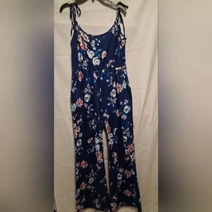 Floral Jumpsuit in Navy Blue/pink flowers shoulder tie lose pants size large - Picture 1 of 7