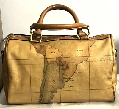 Bolsa tote marrom Alviero Martini mapa de couro bolsa Boston bolsa satchel - Imagem 1 de 4