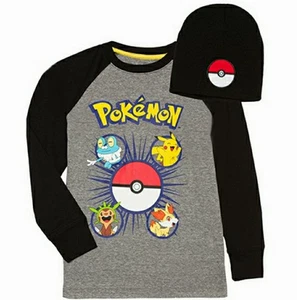 POKEMON Long Sleeve T-Shirt Size 10 12 14 16 18 Child w Beanie Hat New L XL XXL - Picture 1 of 1