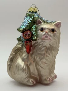 White/Silver Hand-blown Glass "Cat Under Christmas Tree" Ornament by Dept. 56 - Picture 1 of 6
