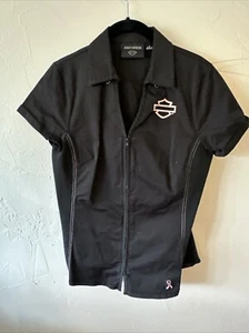 Camisa Harley Davidson Negra Rosa Manga Corta Cuello Cremallera Rosa Etiqueta Logo M - Imagen 1 de 7