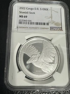 2022 Congo 1000 Francs Shoebill Stork (MS69) 1 oz 999 Silver Coin - NGC MS69 - Picture 1 of 3