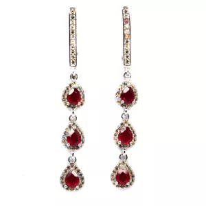 Heated Red Ruby & Fancy Color Sapphire Earrings 925 Sterling Silver - Picture 1 of 4