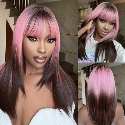Peluca larga púrpura rosa ombre marrón con flequillo peluca sintética segura contra el calor sin pegamento nueva Foto 1 de 4