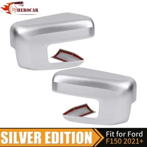 π For 2021-2023 2024 Ford F150 Mirror COVERS OVERLAYS W/Turn Signal Hole Silver - Picture 1 of 9