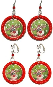 Pendientes colgantes con tapa de botella de reno de Navidad perforados o con clip (CAP073) - Imagen 1 de 3