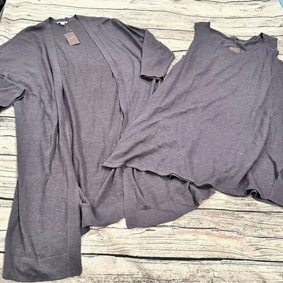 Suéter sin mangas túnica gris mezcla de lino Jill con plumero abierto a juego talla mediana Foto 1 de 4