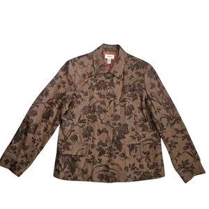 Talbots Linen Floral Brown Button Front Shirt Jacket Sz 14 Fall Layering Piece - Picture 1 of 12