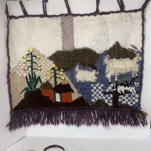 Vintage Beautiful Hand Woven LESOTHO Wool Tapestry Wall Hanging 24”x22” Farm - Picture 1 of 5