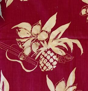 Hawaiian Fabric - Plumeria, Pineapple, Ukulele (RED background)  - 43”