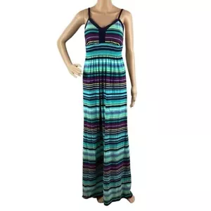 Athleta Byzantine Stripe Maxi Dress Blue Purple Built-in Bra Adjustable Straps M - Picture 1 of 7