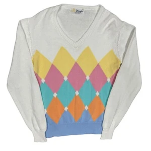 Vintage Pringle of Scotland Colorful Diamond Cotton V-Neck Sweater Knit Small - Picture 1 of 5