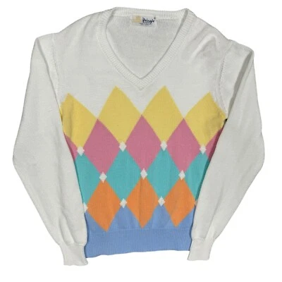 Vintage Pringle of Scotland Colorful Diamond Cotton V-Neck Sweater Knit Small - Image 1 of 4