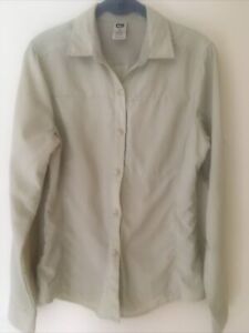 REI HIKING CAMP LADIES LONGSLEEVE SHIRT SMALL BEIGE 2 VENTS Button Down