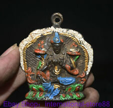 2.6" Old Tibet Bronze Color Painting Buddhism Green Tara Goddess Flower Pendant