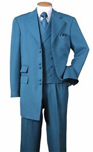 New Men's High Fashion Zoot Suit With Vest Two Side Vents 35" Length Turquoise 