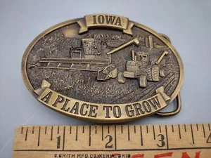 Vintage 80s Belt Buckle Iowa A Place To Grow Farming Tractor Combine Brass TAPCO - Picture 1 of 4