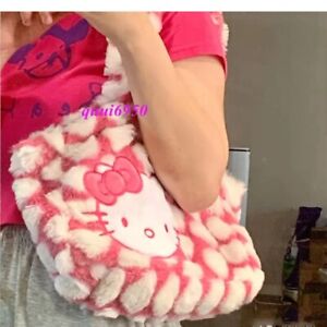 Ladies Girl Gift Bow Hello Kitty Handbag Soft Furry Shoulder Bag Tote Storage