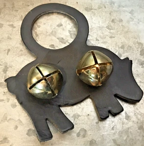 Black Leather Amish PA Crafted Pig Piggy 2 Bell Door Hanger New Unused 6" NOS - Picture 1 of 7