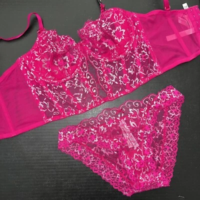Victoria's Secret 34C,34D,36B CORSET BRA SET M,L FUCHSIA HOT PINK SILVER lace - Image 1 of 3