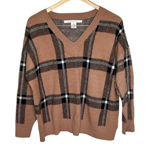 Max Studio Pullover Damen Übergröße 1X kariert V-Ausschnitt Langarm Pulli braun - Bild 1 von 11