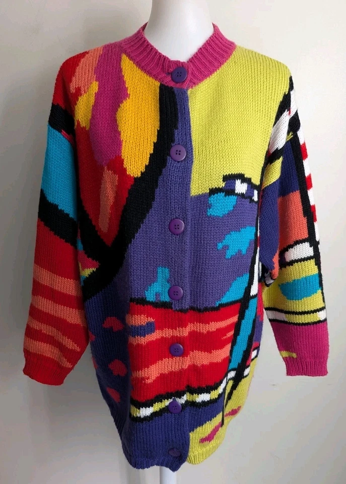 Cardigã suéter feminino vintage anos 90 Venezia colorido arte abstrata G XL retrô  - Imagem 1 de 4
